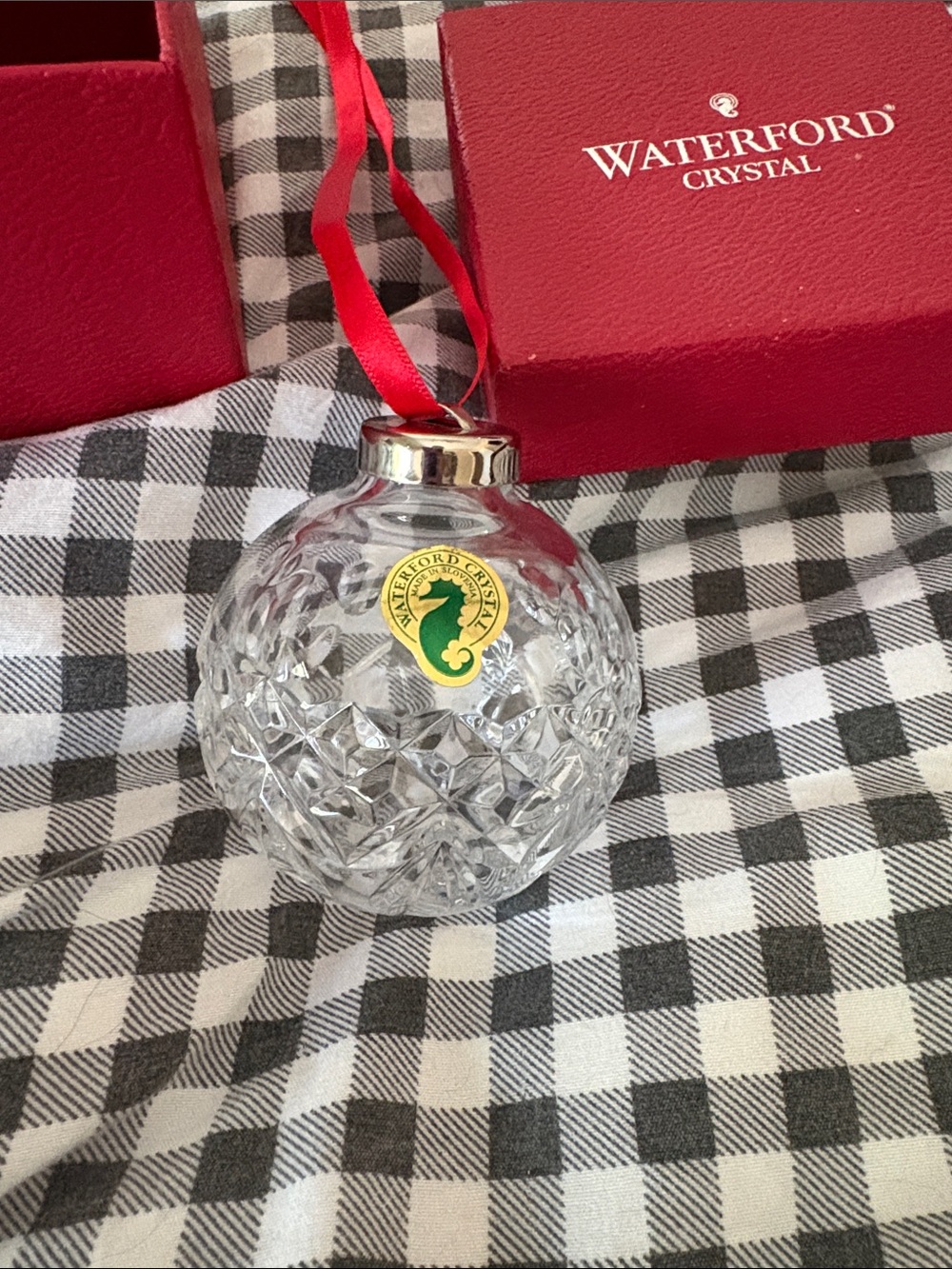 Waterford Crystal Clear Faceted Ornament with Red Ribbon and Gold Cap
